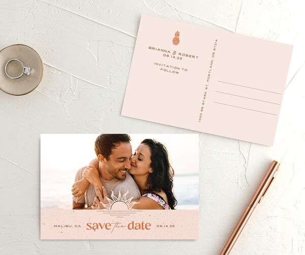 Beach Party Save The Date Postcards front-and-back in Orange