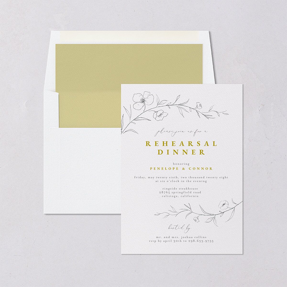 Graceful Botanical Rehearsal Dinner Invitations Gold Signature Blank Standard