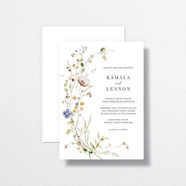 Glistening Wildflower Wedding Invitations front-and-back in White
