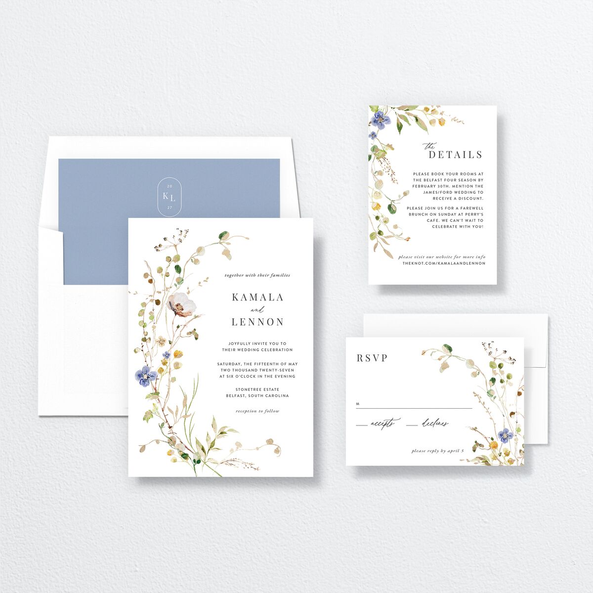Glistening Wildflower Wedding Invitations suite in White