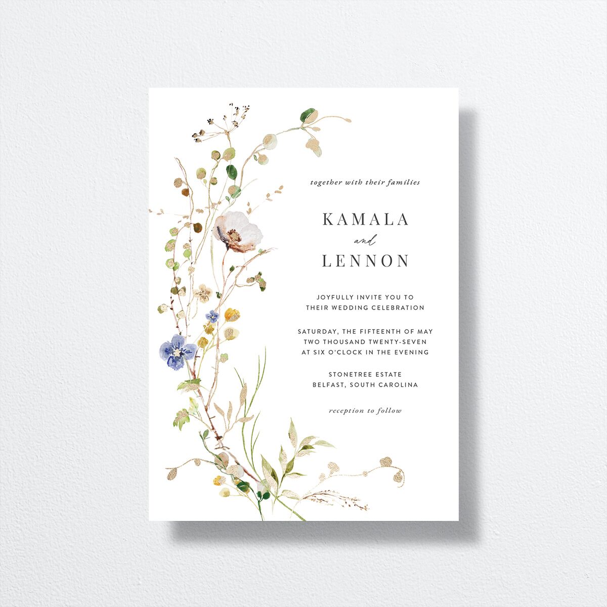 Glistening Wildflower Wedding Invitations front in white
