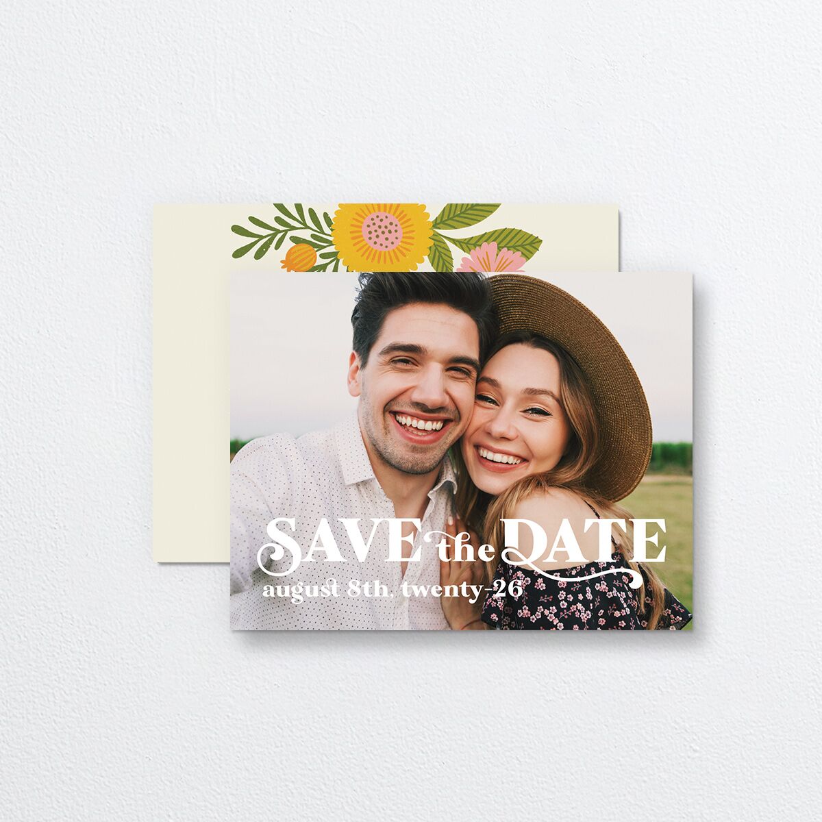 Retro Bloom Save the Date Petite Cards front-and-back in Pink