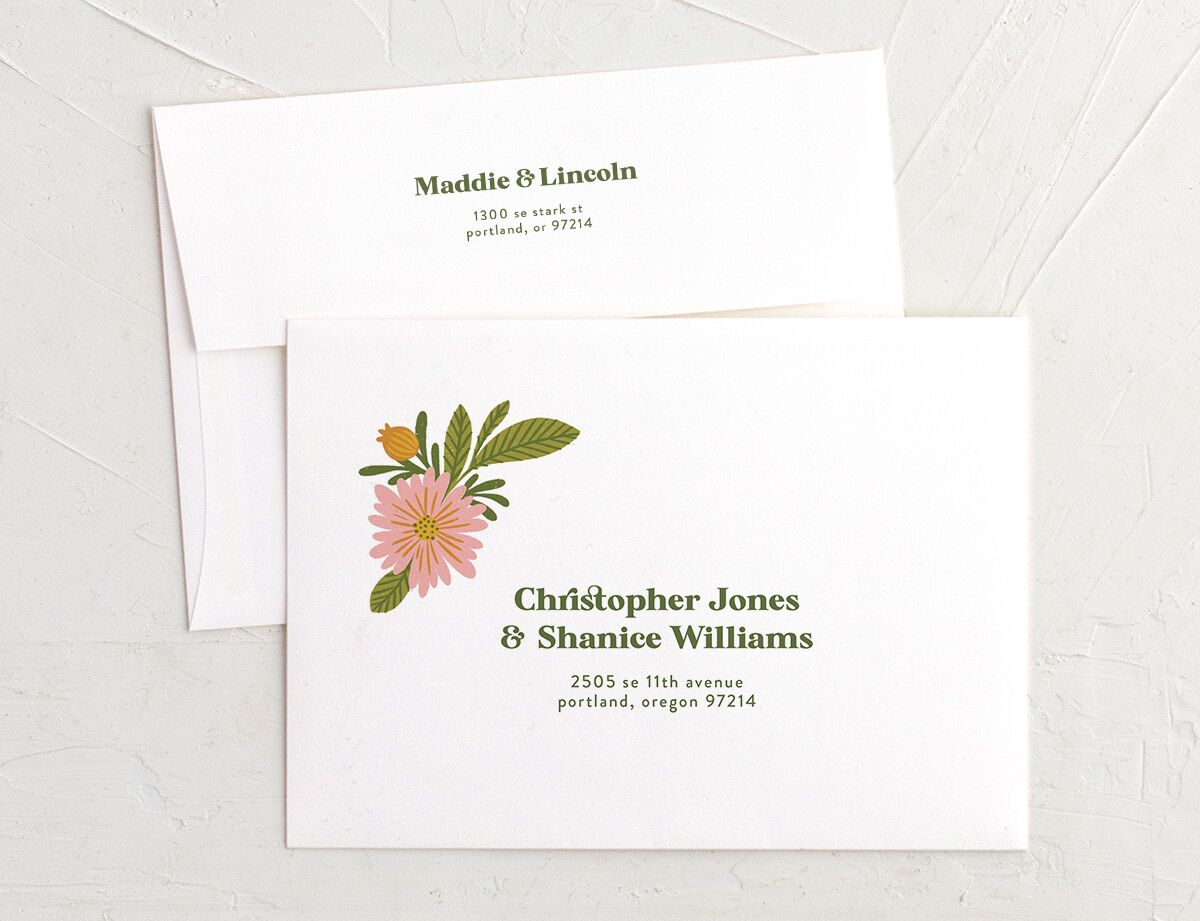 Retro Bloom Thank You Card Envelopes White Standard Peach Pink Both Recipient and Return Addresses Signature
