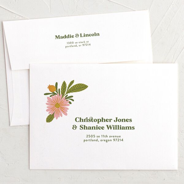 Retro Bloom Thank You Card Envelopes White Standard Peach Pink Both Recipient and Return Addresses Signature