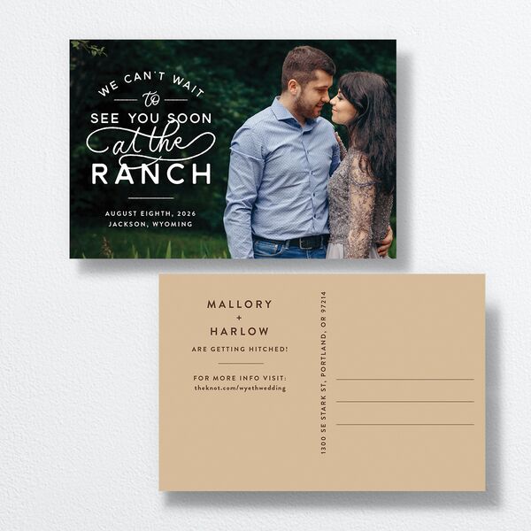 Western Denim Save The Date Postcards front-and-back in Multi-Color