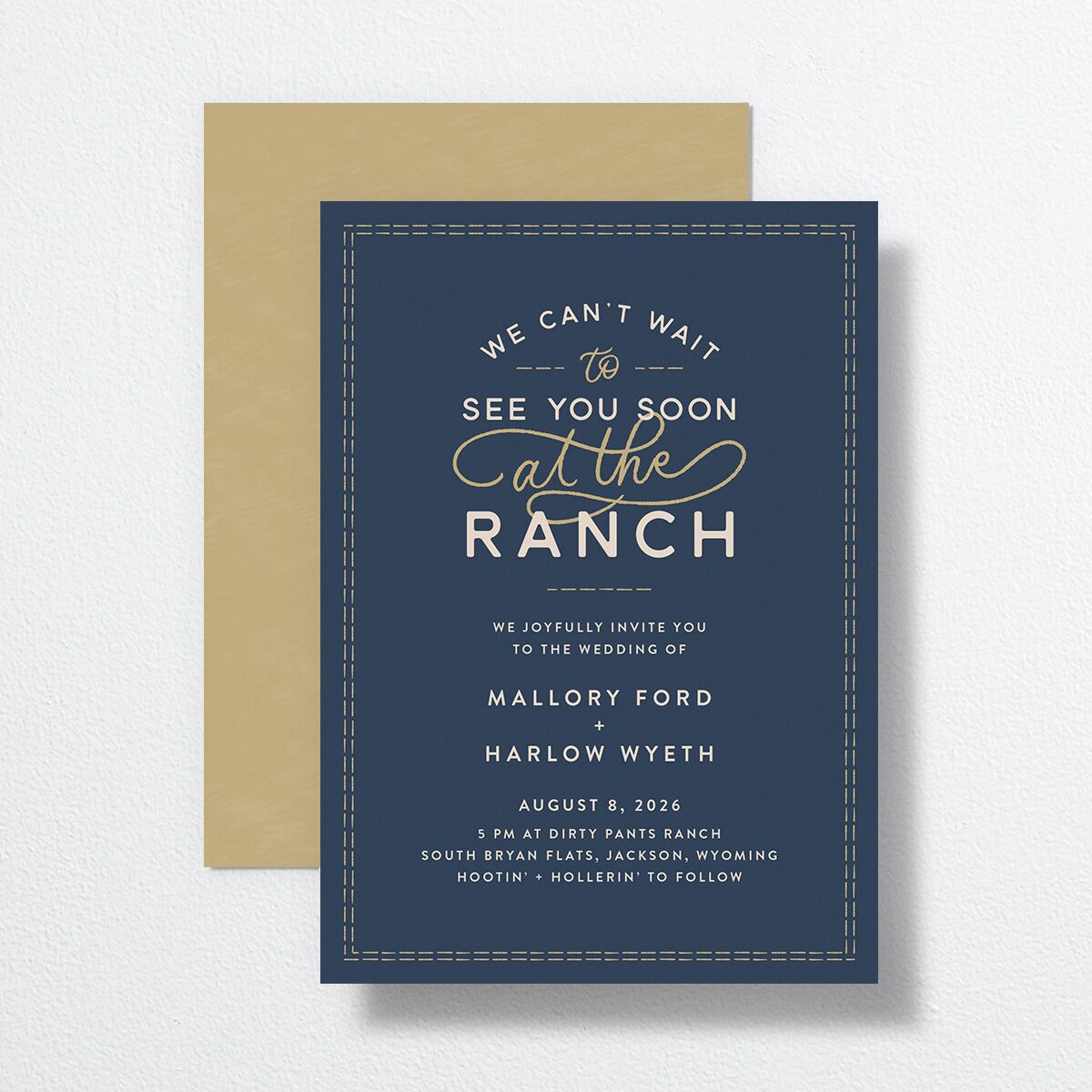 Rustic Ranch Wedding Invitations front-and-back in blue