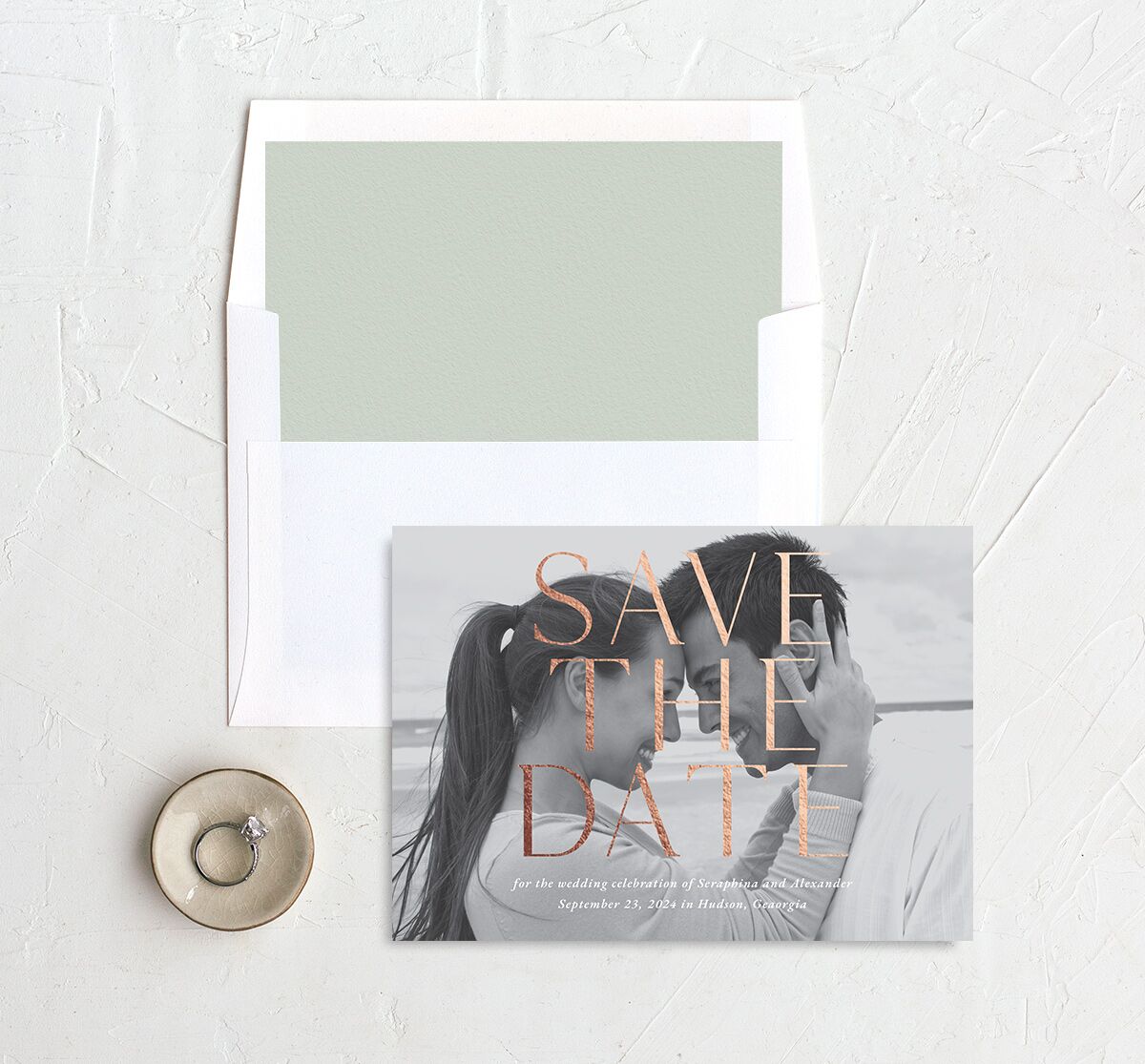 Botanical Initials Foil Save The Date Cards Rose Gold Sea Foam Signature smooth No