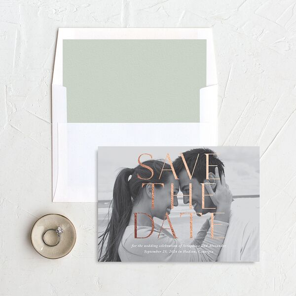 Botanical Initials Foil Save The Date Cards Rose Gold Sea Foam Signature smooth No