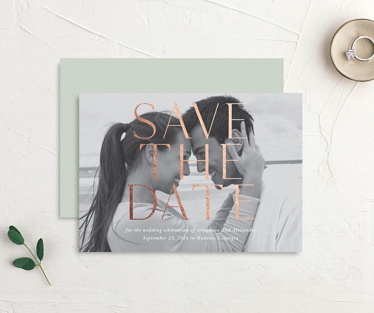 Botanical Initials Foil Save The Date Cards Rose Gold Sea Foam Signature smooth No