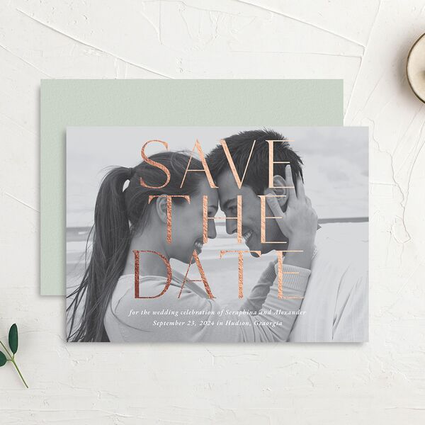 Botanical Initials Foil Save The Date Cards Rose Gold Sea Foam Signature smooth No