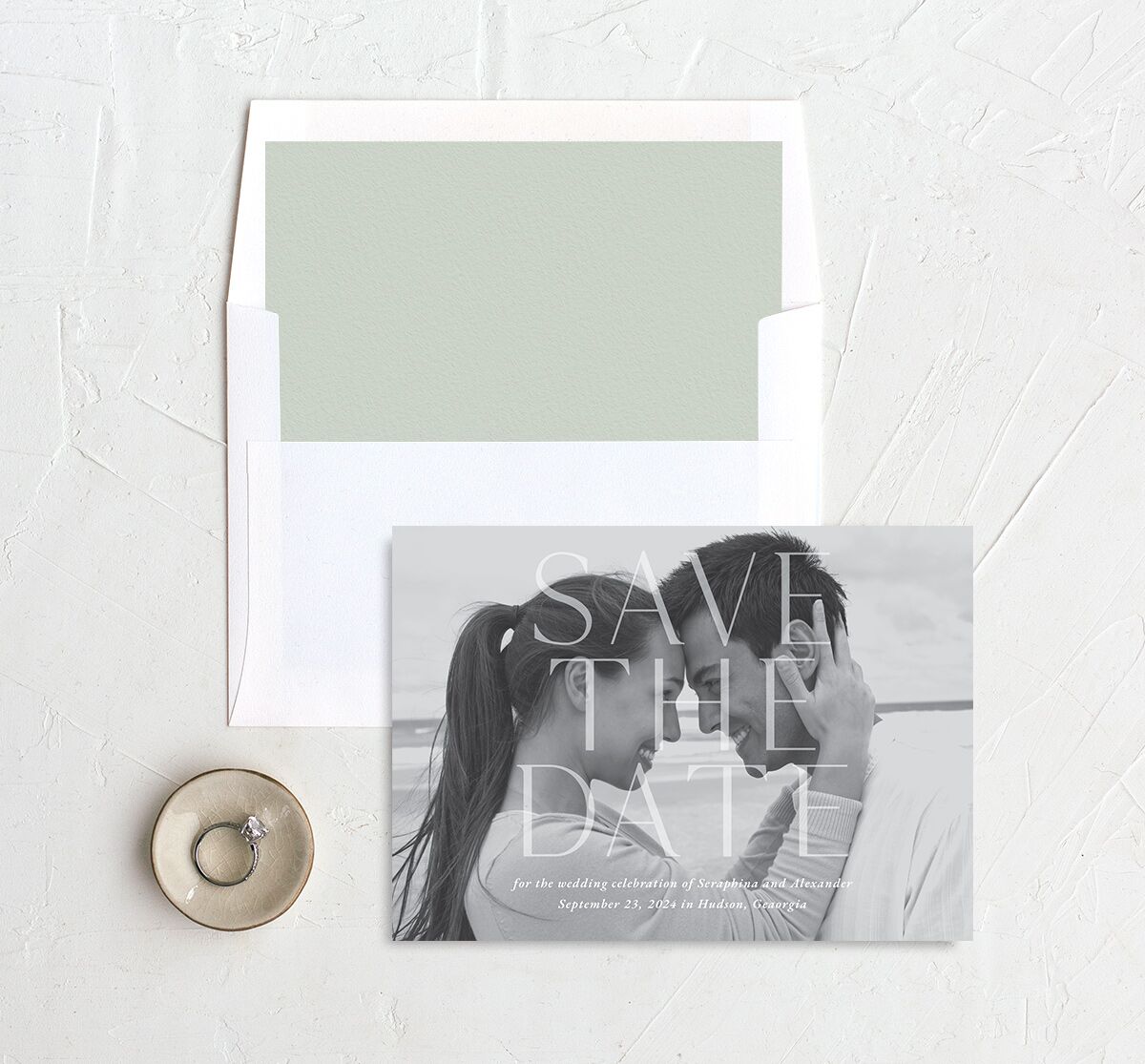 Botanical Initials Save The Date Cards Sea Foam Signature smooth No