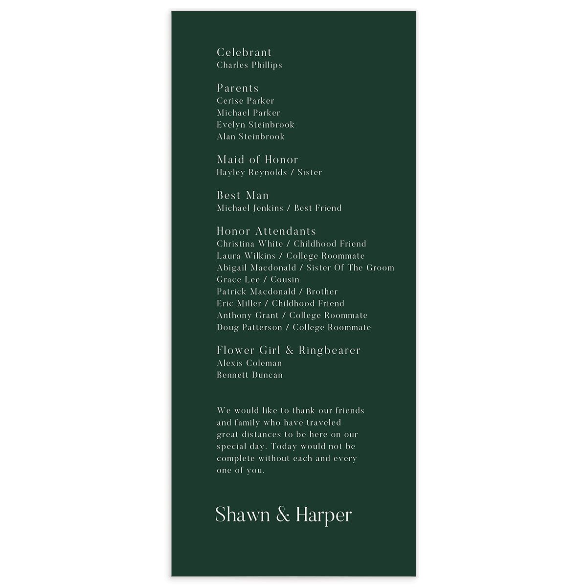Cascading Date Wedding Programs Dark Green Signature