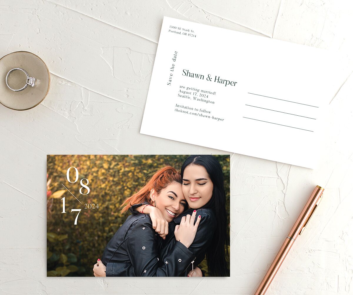 Cascading Date Save The Date Postcards Dark Green