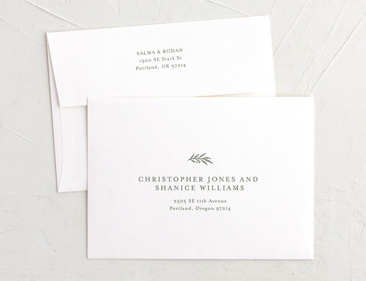 Classic Crest Rehearsal Dinner Invitation Envelopes White Standard Deep Olive Both Recipient and Return Addresses Signature