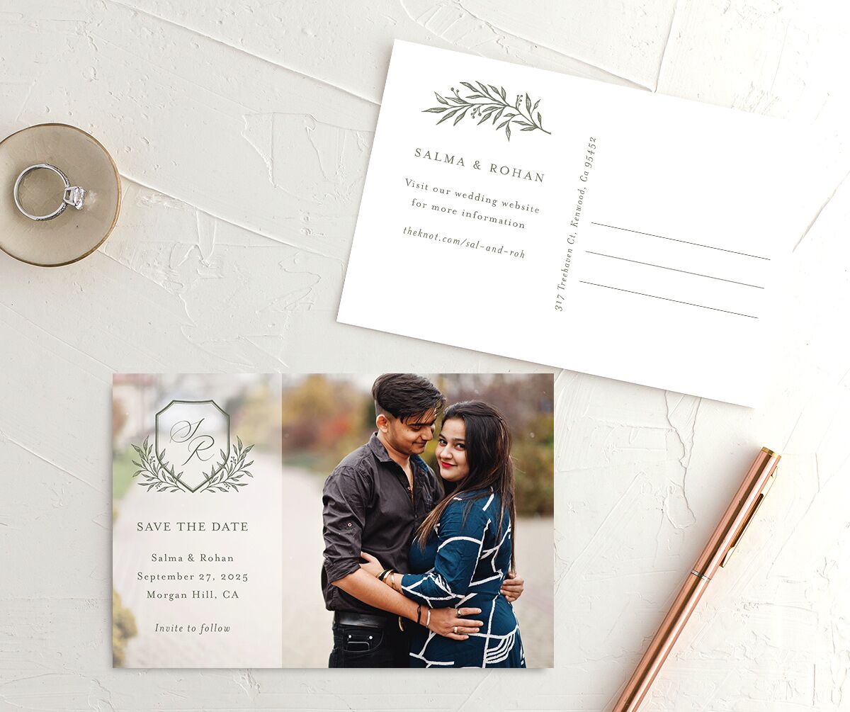 Classic Crest Save The Date Postcards front-and-back in green