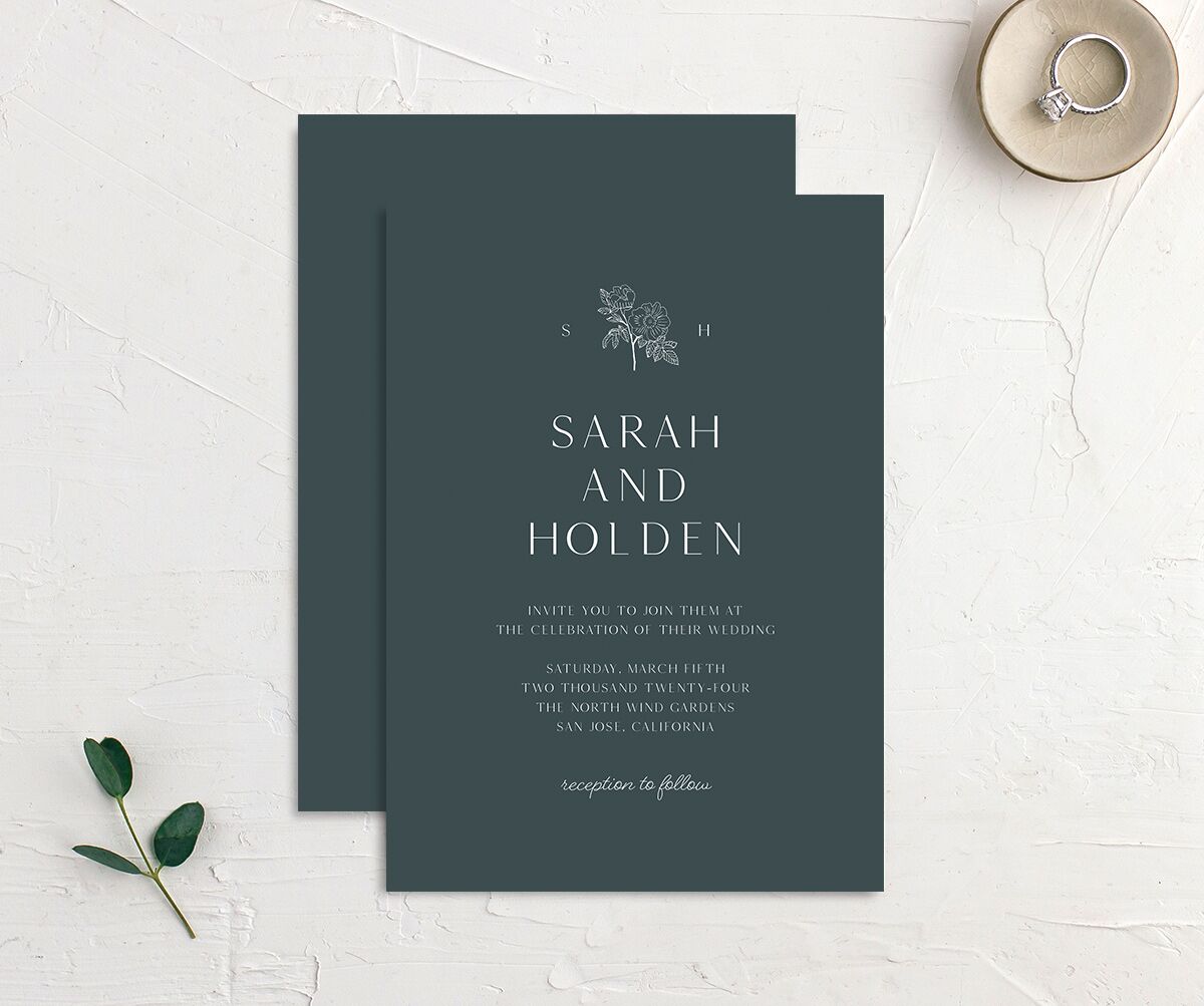 Elegant Bohemian Wedding Invitations front-and-back in blue