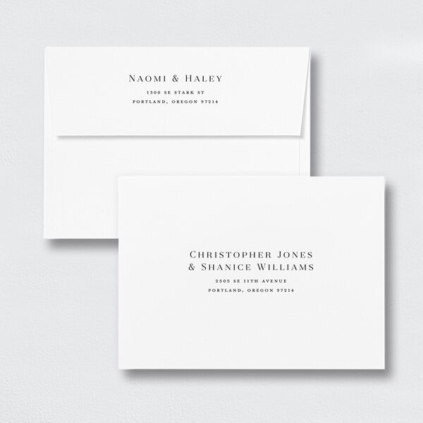 Elegant Monogram Save the Date Petite Card Envelopes White Standard Licorice Both Recipient and Return Addresses Signature