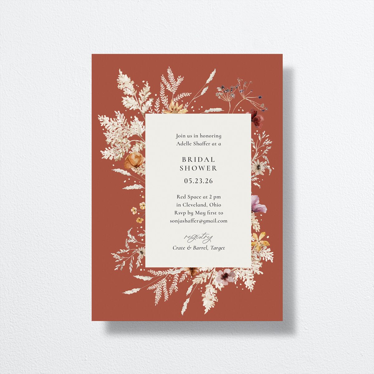 Dried Blooms Bridal Shower Invitations front in Red