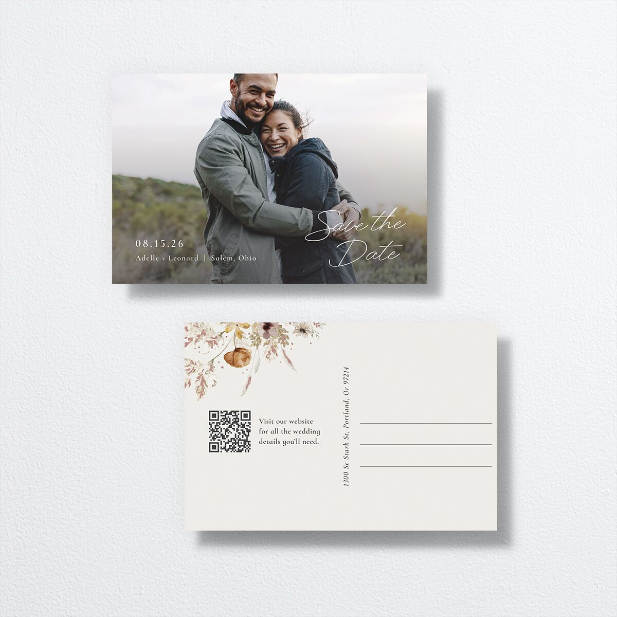 Dried Blooms Save the Date Postcards front-and-back
