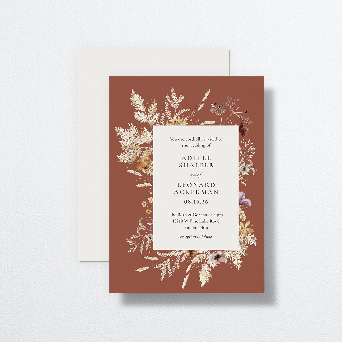 Dried Blooms Wedding Invitations front-and-back in red