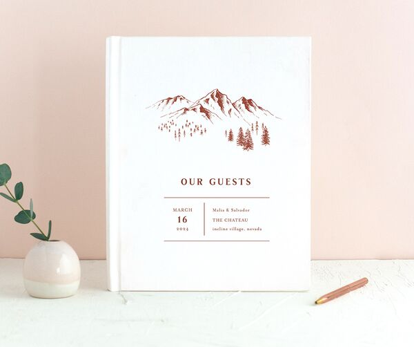 Etched Mountains Wedding Guest Book front in Red
