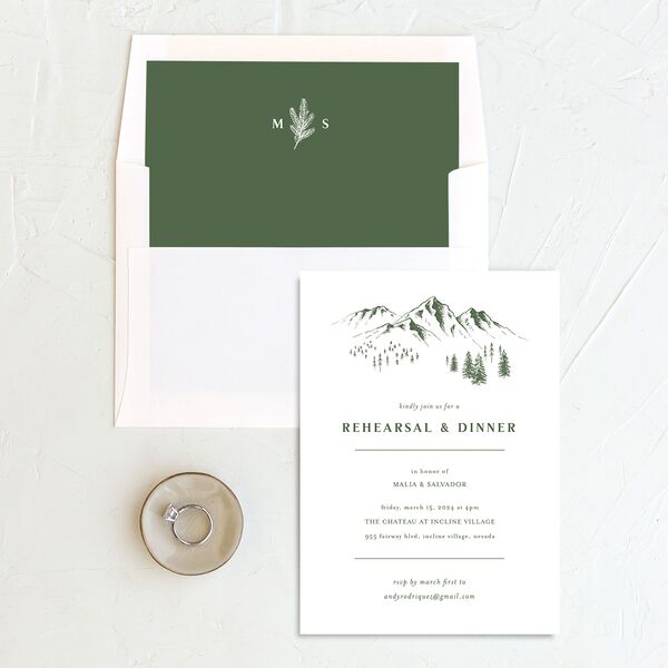 Etched Mountains Rehearsal Dinner Invitations Hunter Green Pearlescent