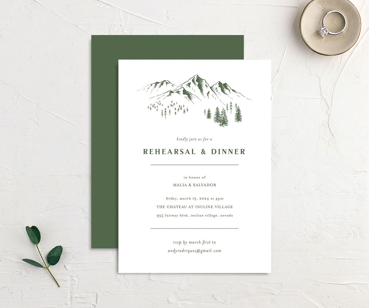 Etched Mountains Rehearsal Dinner Invitations Hunter Green Pearlescent