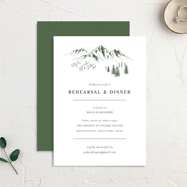 Etched Mountains Rehearsal Dinner Invitations Hunter Green Pearlescent