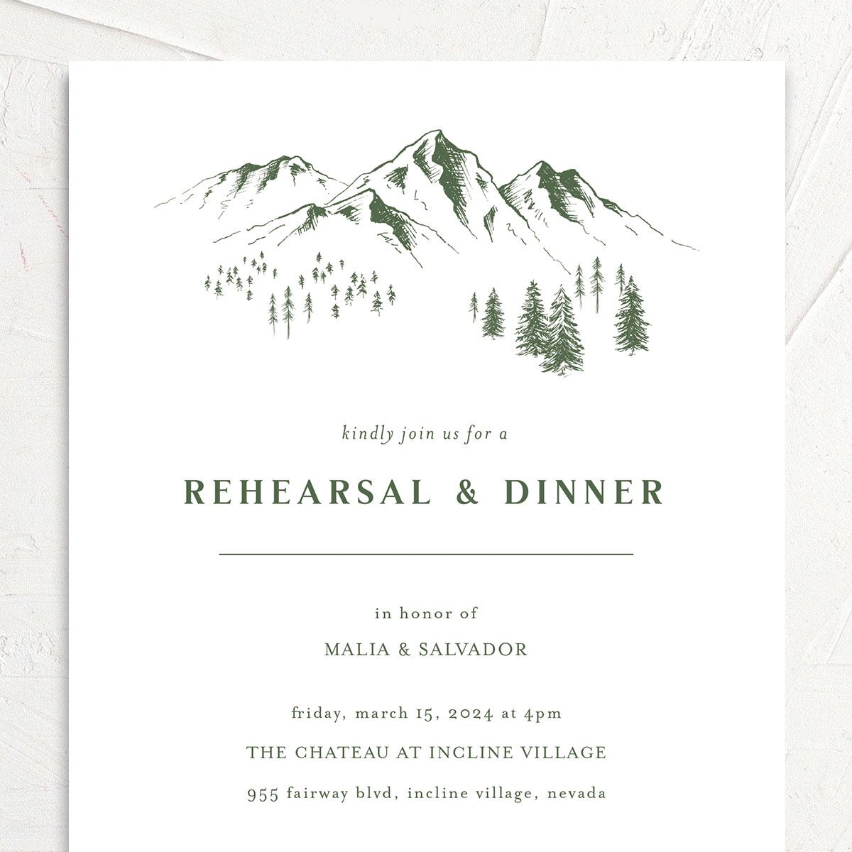 Etched Mountains Rehearsal Dinner Invitations Hunter Green Pearlescent