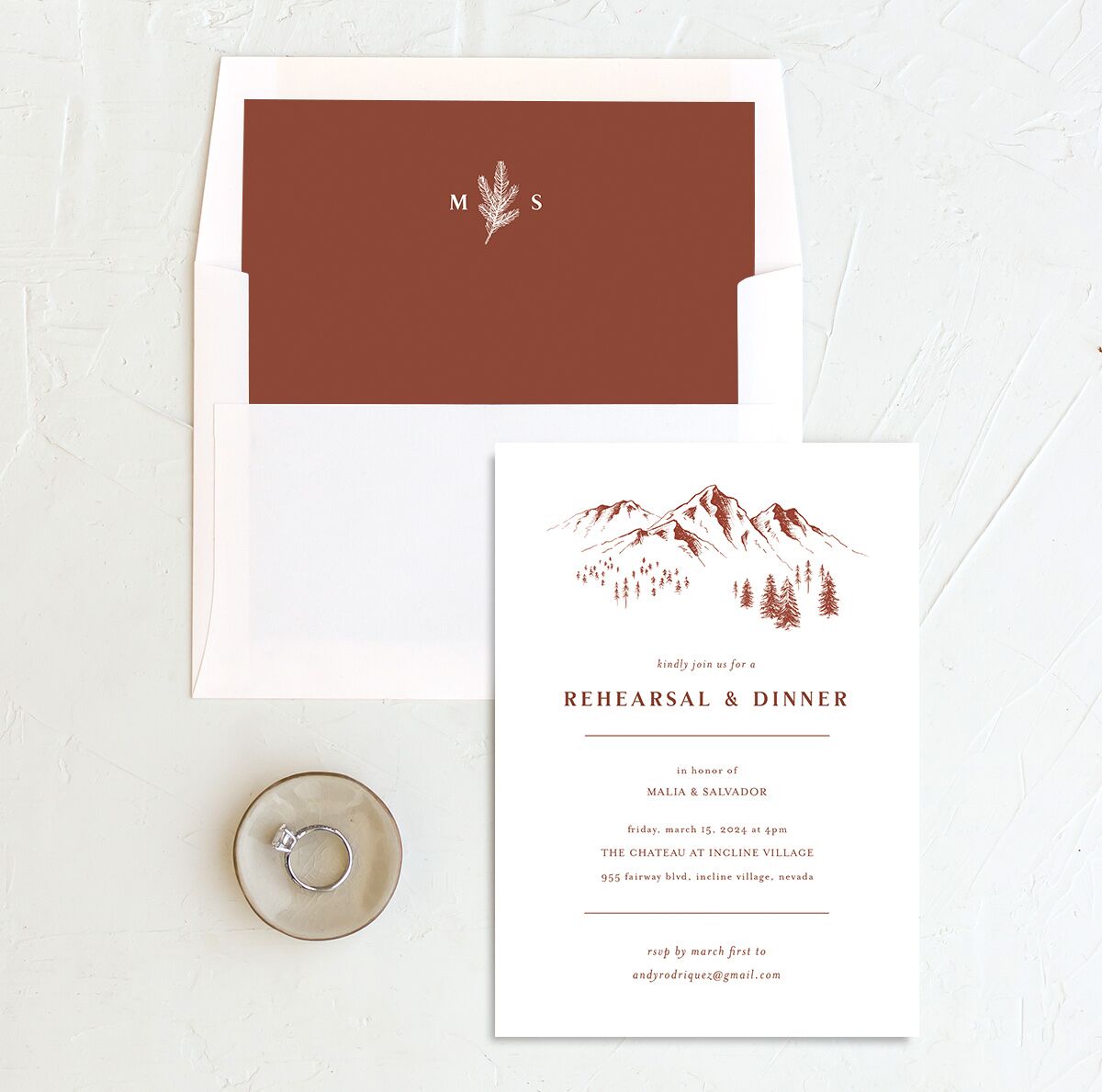 Etched Mountains Rehearsal Dinner Invitations envelope-and-liner in Red