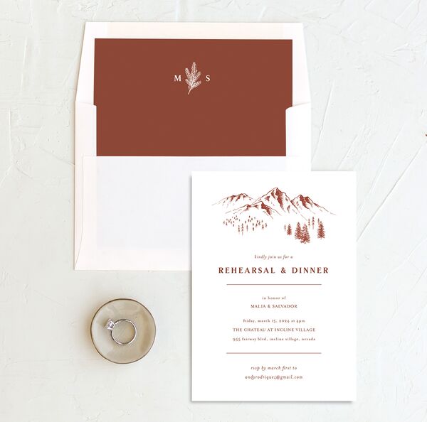 Etched Mountains Rehearsal Dinner Invitations envelope-and-liner in Red