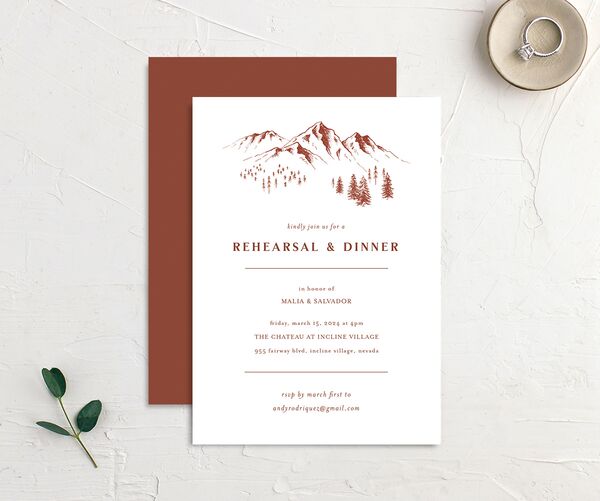Etched Mountains Rehearsal Dinner Invitations front-and-back in Red