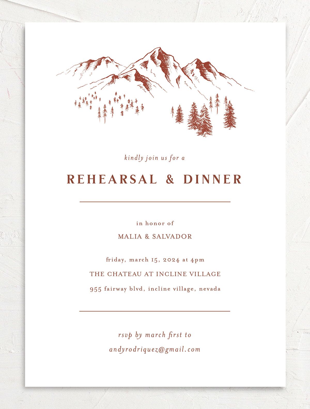 Etched Mountains Rehearsal Dinner Invitations front in Red