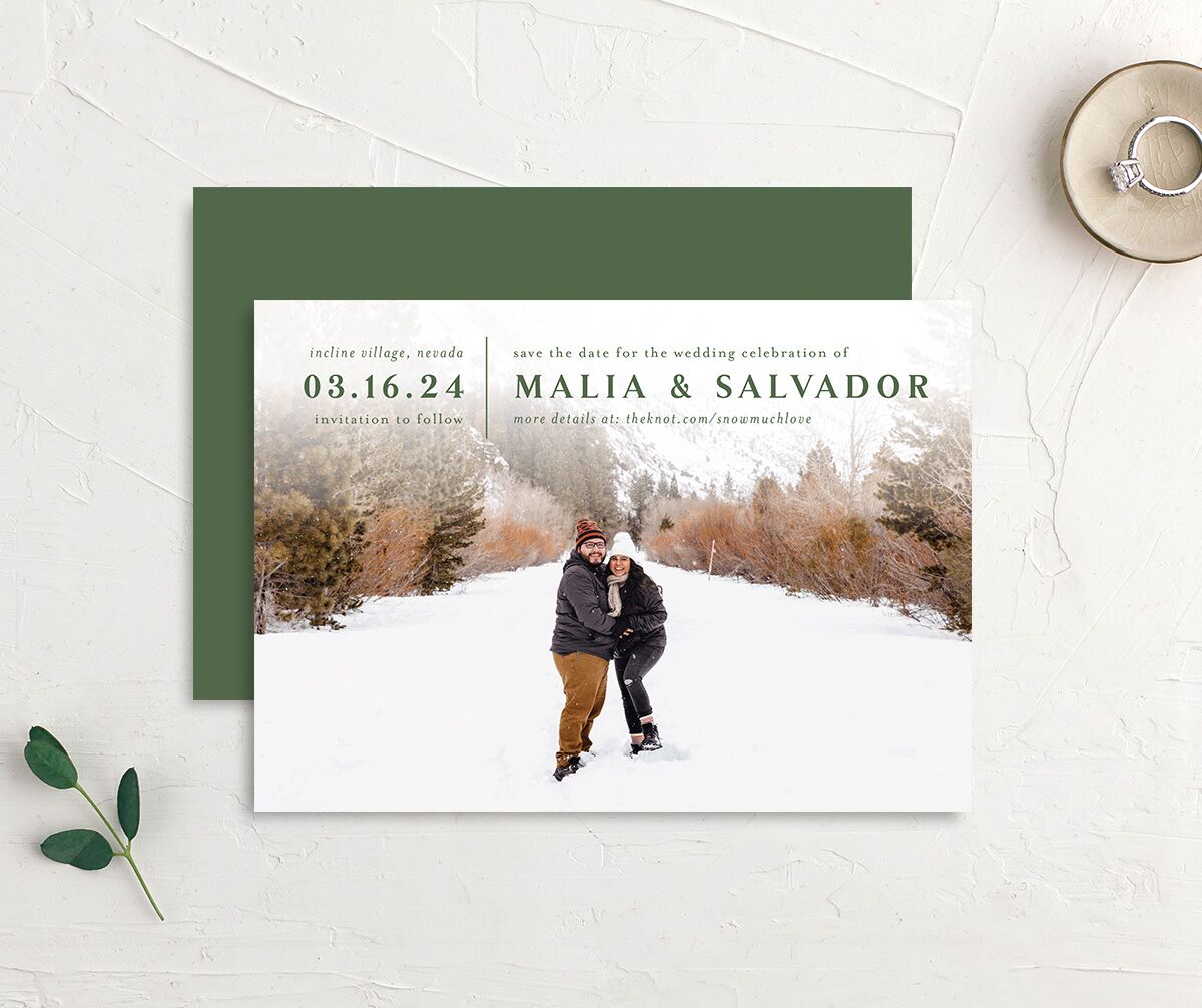 Etched Mountains Save The Date Cards front-and-back in Green