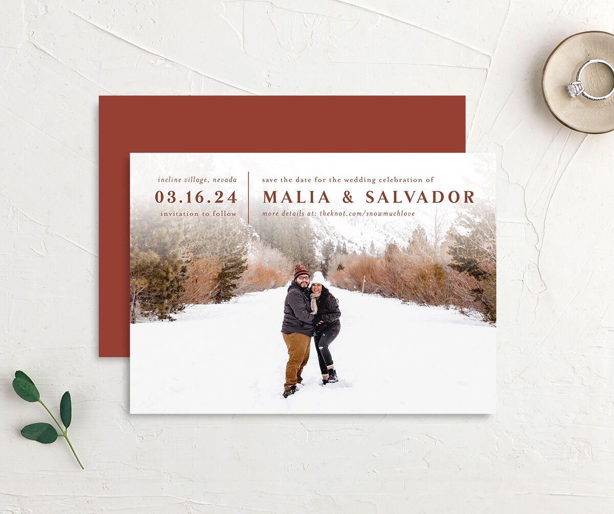Etched Mountains Save The Date Cards front-and-back in Red
