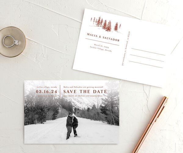 Etched Mountains Save The Date Postcards  front-and-back in Red