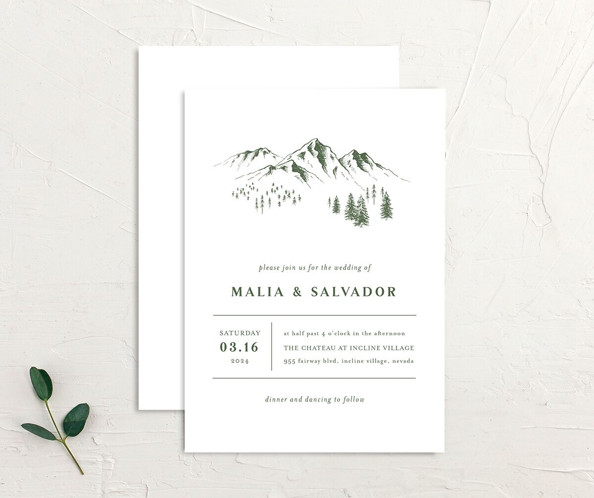 Etched Mountains Wedding Invitations front-and-back in Green