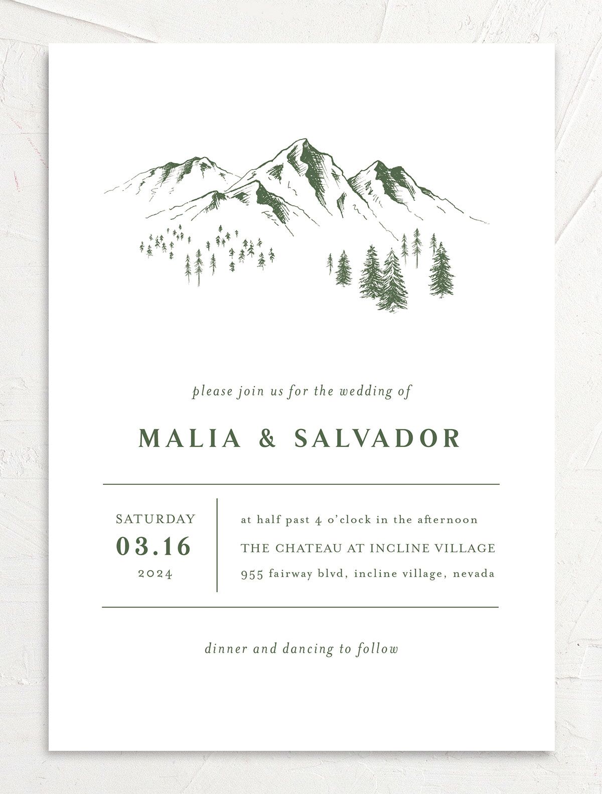 Etched Mountains Wedding Invitations front in Green