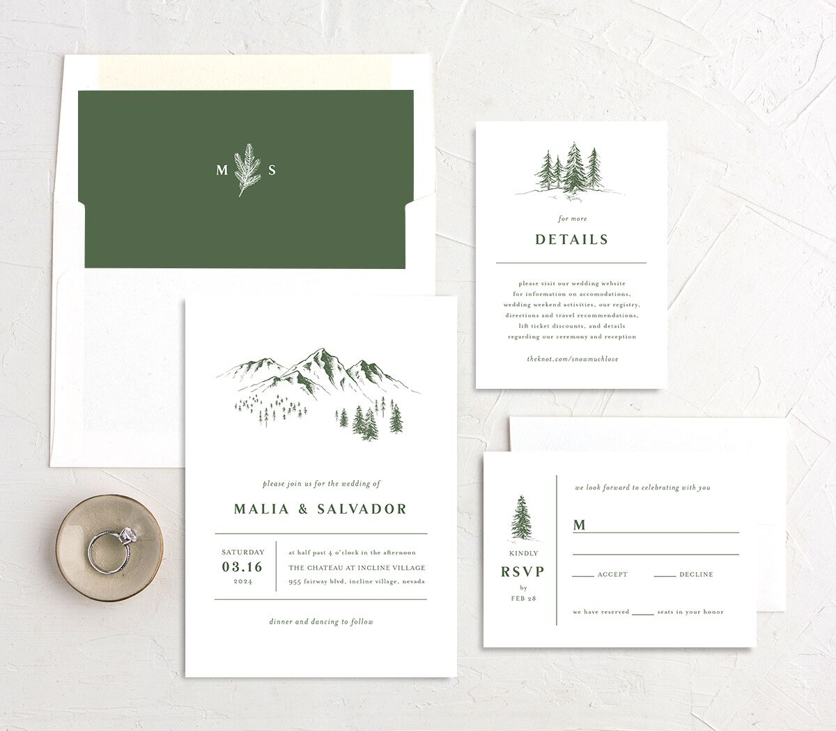 Etched Mountains Wedding Invitations suite in Green