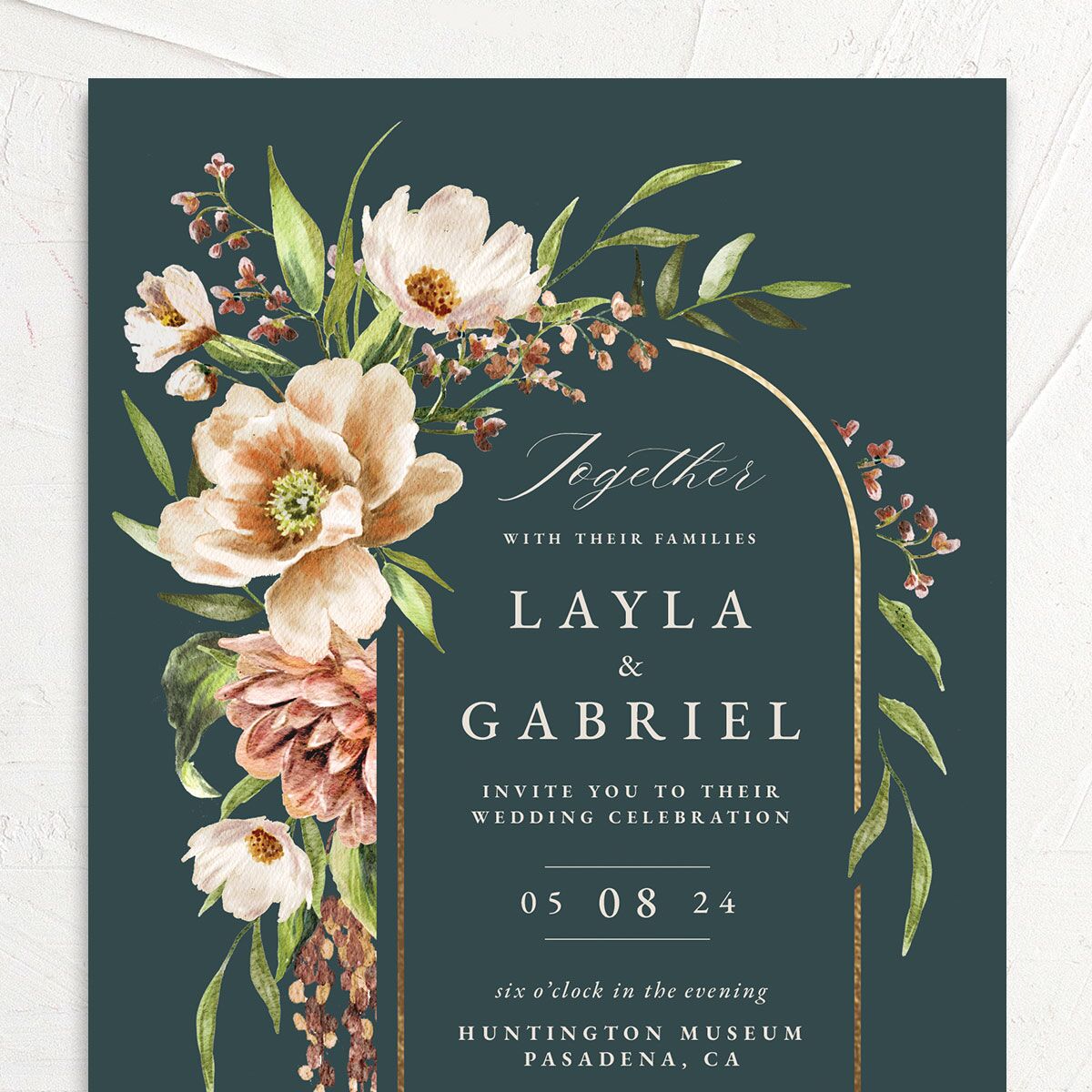 Floral Arch Foil Wedding Invitations Gold Moss Signature No
