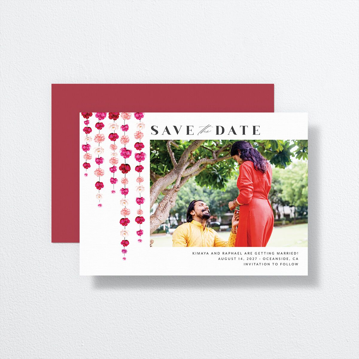 Floral Canopy Save the Date Card front-and-back in red