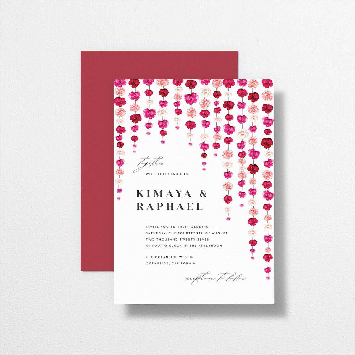 Floral Canopy Wedding Invitations front-and-back in red