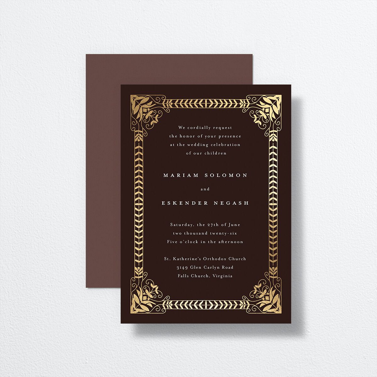 Gilded Tapestry Wedding Invitations front-and-back in purple