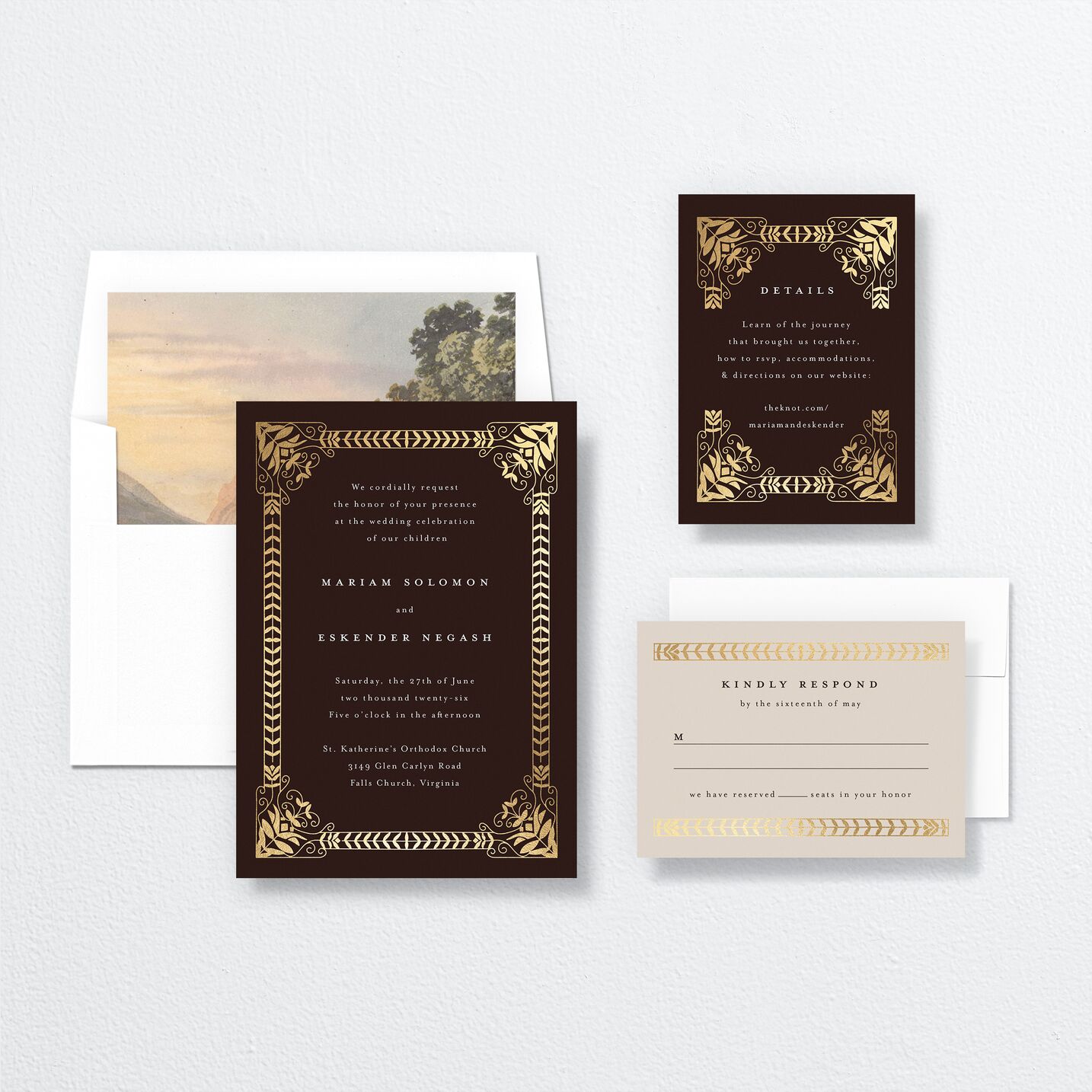 Gilded Tapestry Wedding Invitations suite in purple
