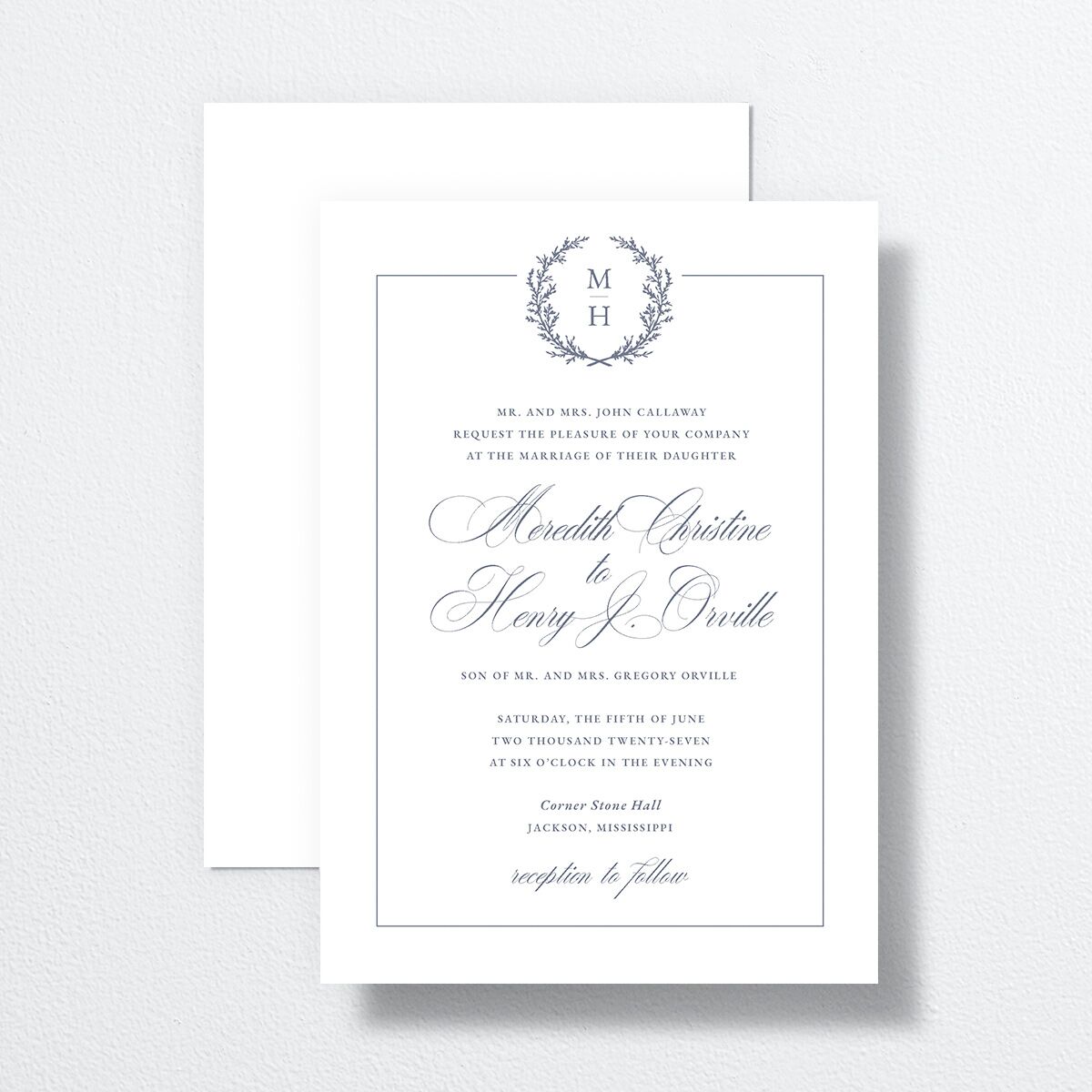 Monogram Branches Wedding Invitations Regency Blue Signature No Standard