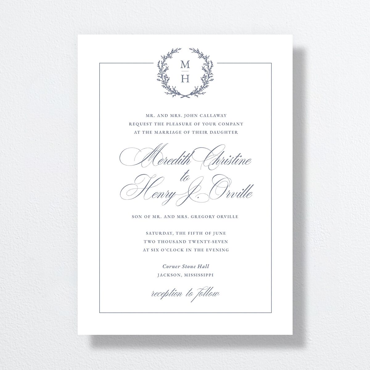Monogram Branches Wedding Invitations Regency Blue Signature No Standard