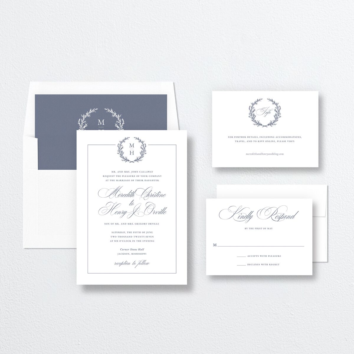 Monogram Branches Wedding Invitations Regency Blue Signature No Standard