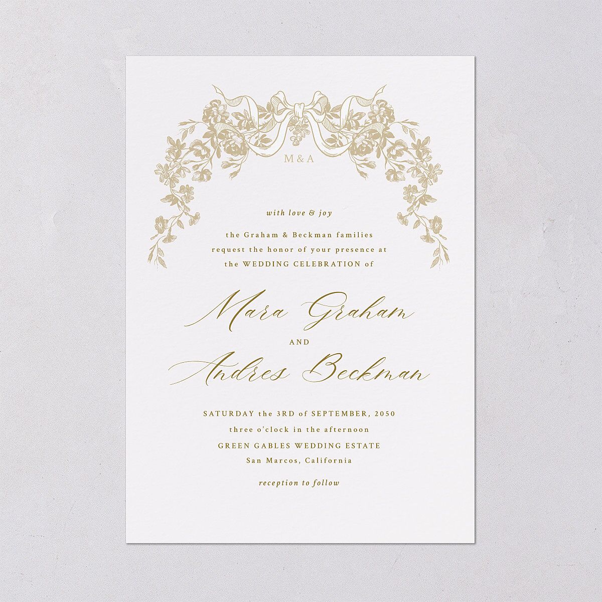 Antique Botanical Garland Wedding Invitations Champagne Signature Blank No Standard