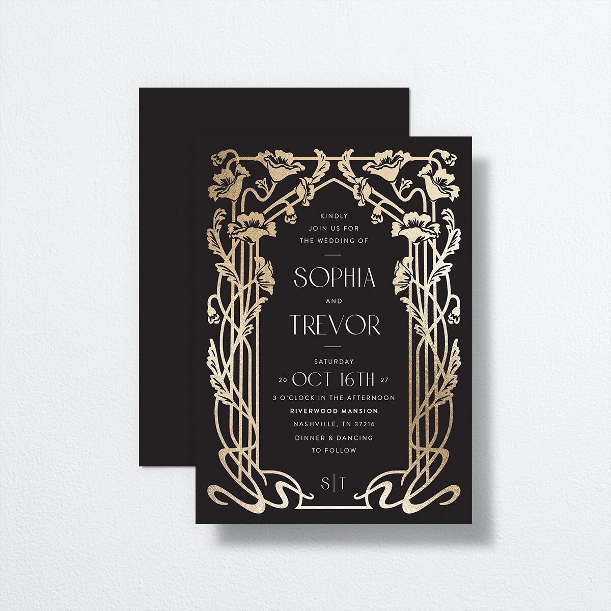 Gilded Nouveau Wedding Invitations front-and-back in black