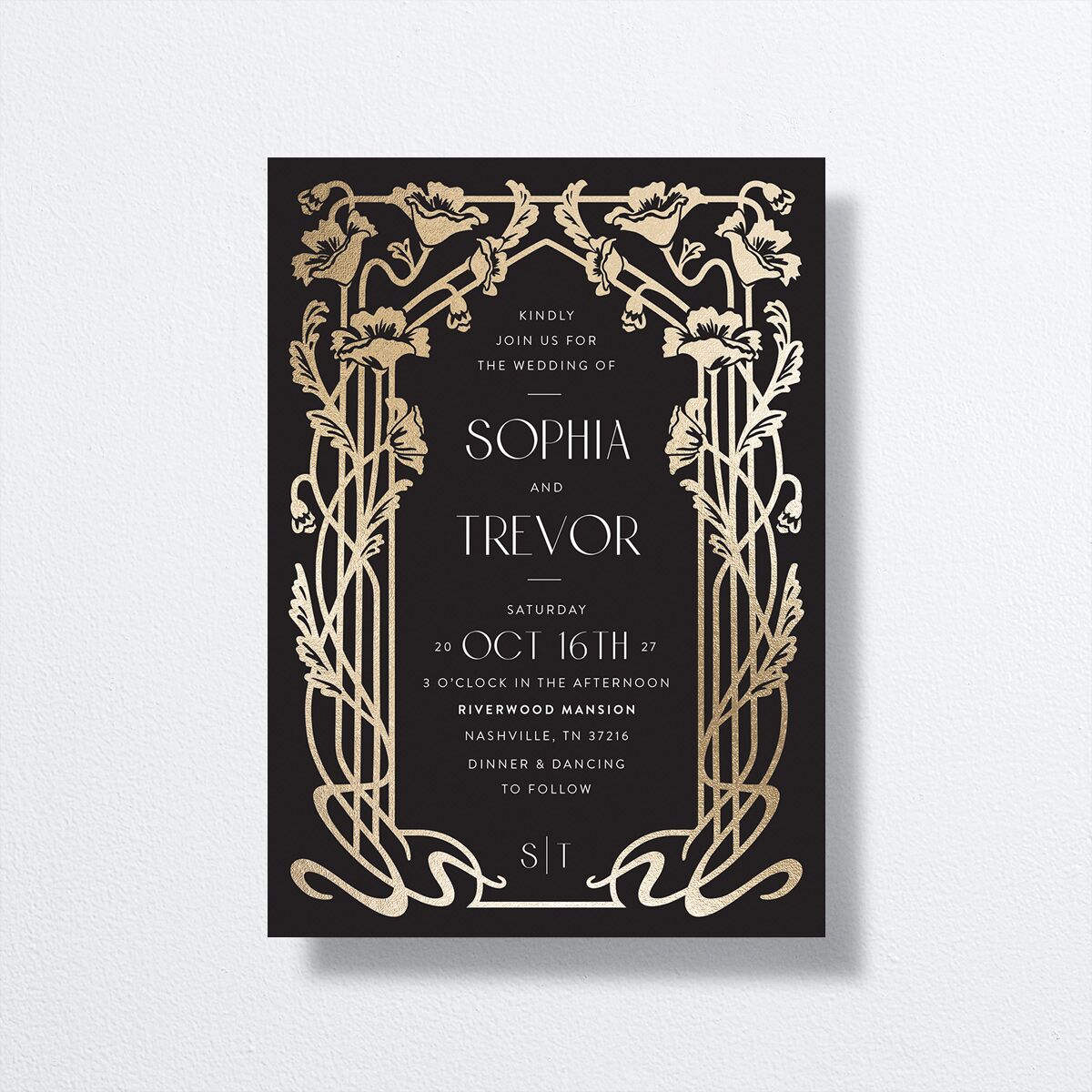 Gilded Nouveau Wedding Invitations front in black